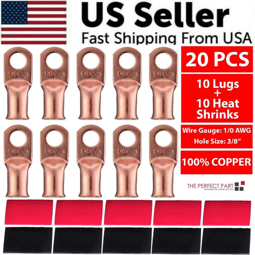 20PCS 1/0 AWG Gauge Copper Lugs W/ BLACK & RED Heat Shrink Ring Terminals Wire