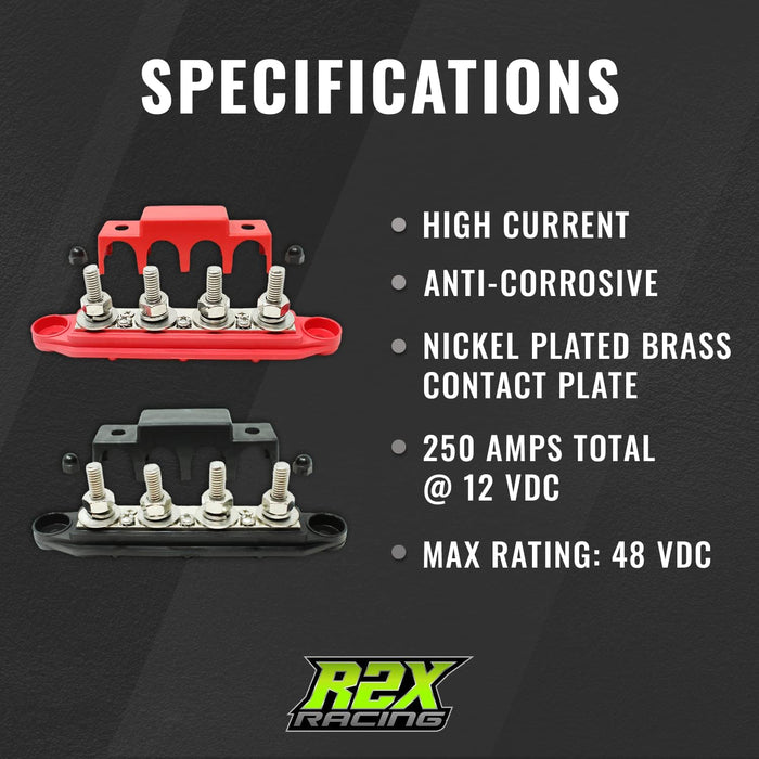 4 Post Power Distribution Block Bus Bar Pair with Cover - Made in the USA - 250 Amp Rating – Marine Bus Bar, Automotive, and Solar Wiring – Battery Terminal Distribution Block - (Set of 2) (3/8”)